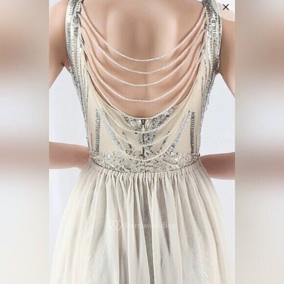 Silver, Double V, Beaded Back, Detachable Draped Skirt, Sequined Mermaid Gown - Picture 9 of 16